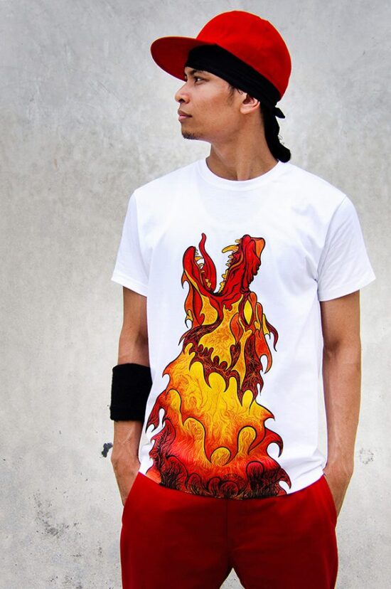 Male model wearing white t-shirt with fire graphic
