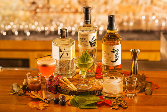 Japanese whiskey bottles with citrus garnish – cocktail product photography.