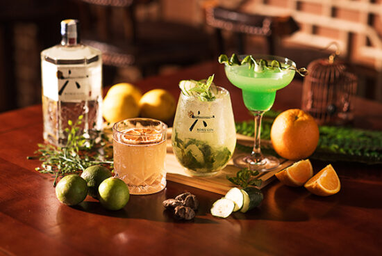 Japanese whiskey bottles with citrus garnish – cocktail product photography.
