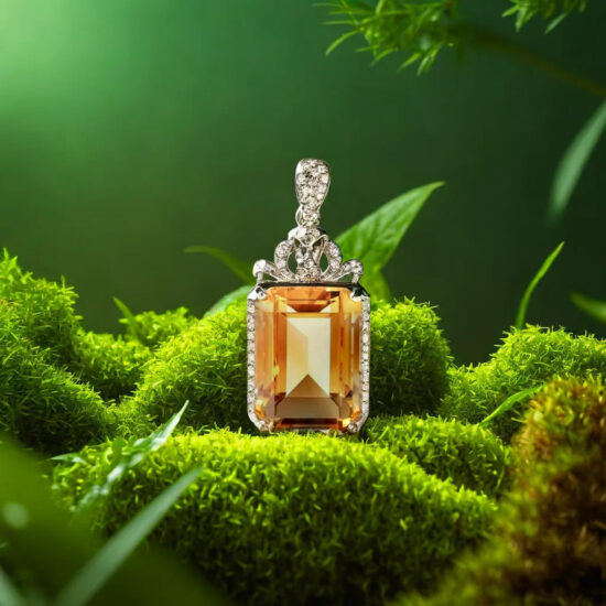 Premium Necklets on moss background – luxury product photography.