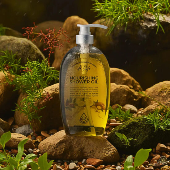 Shower Oil Skincare pump bottle in green moss forest – natural product photography.