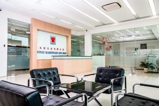 Modern office lobby interior with reception seating